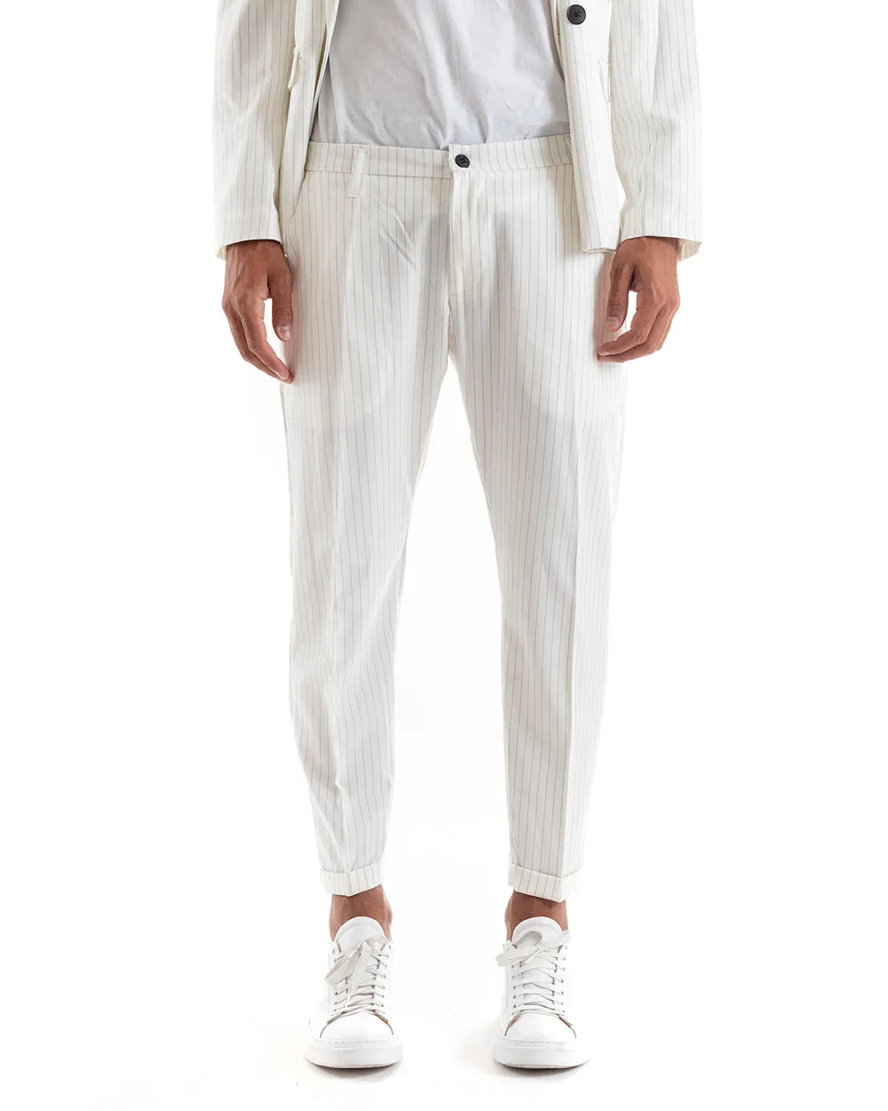 Slim Fit Mens Double-Breasted White Pinstripe Suit Set | Elegant Viscose Blazer and Trousers for Ceremonial Events | GIOSAL-OU2139A