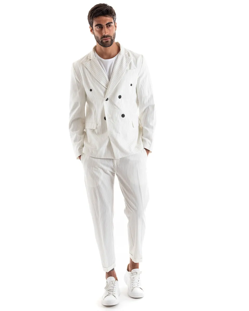 Slim Fit Mens Double-Breasted White Pinstripe Suit Set | Elegant Viscose Blazer and Trousers for Ceremonial Events | GIOSAL-OU2139A