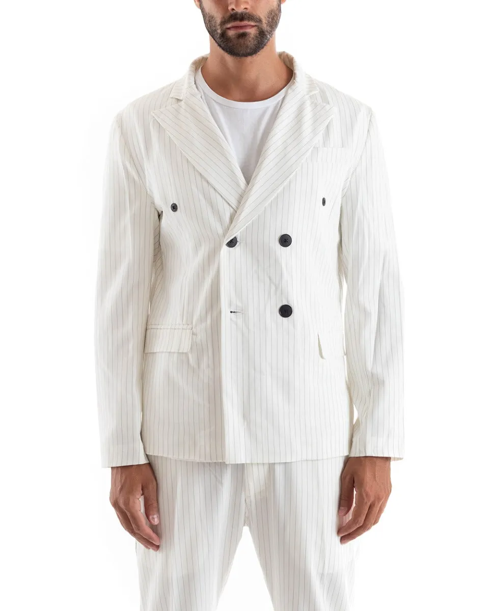 Slim Fit Mens Double-Breasted White Pinstripe Suit Set | Elegant Viscose Blazer and Trousers for Ceremonial Events | GIOSAL-OU2139A