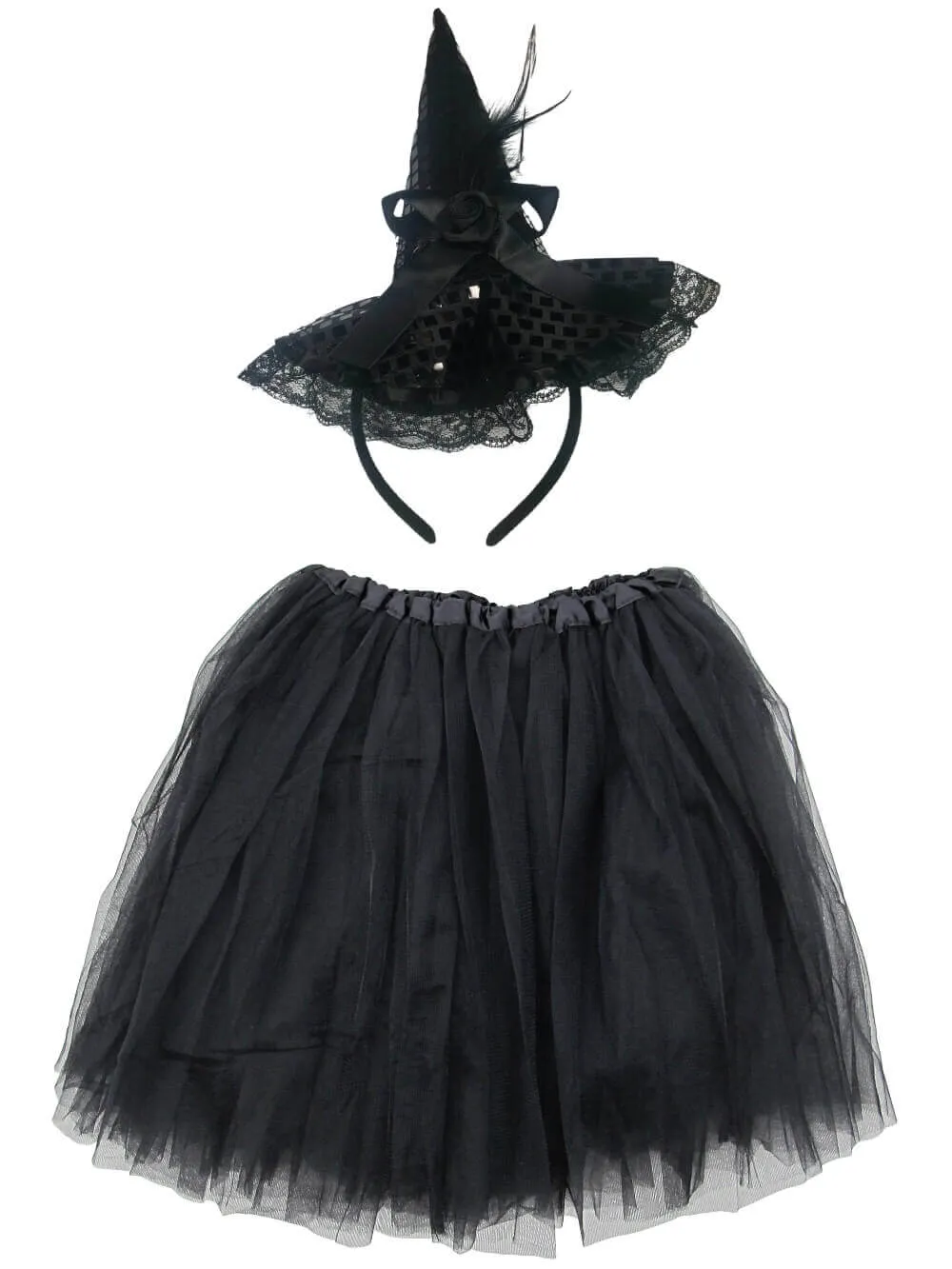 Adult Fancy Black Witch Costume - Black Tutu Skirt & Headband Hat Set for Adult or Plus Size