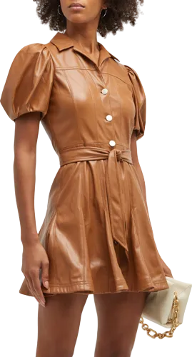 Alice   Olivia camel Pleated Belted Vegan Leather Mini Dress  UK 8