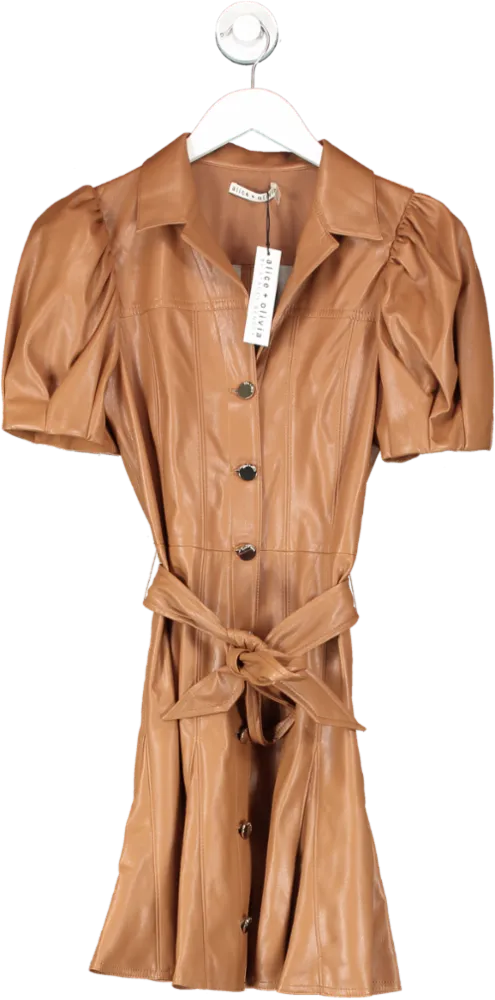 Alice   Olivia camel Pleated Belted Vegan Leather Mini Dress  UK 8