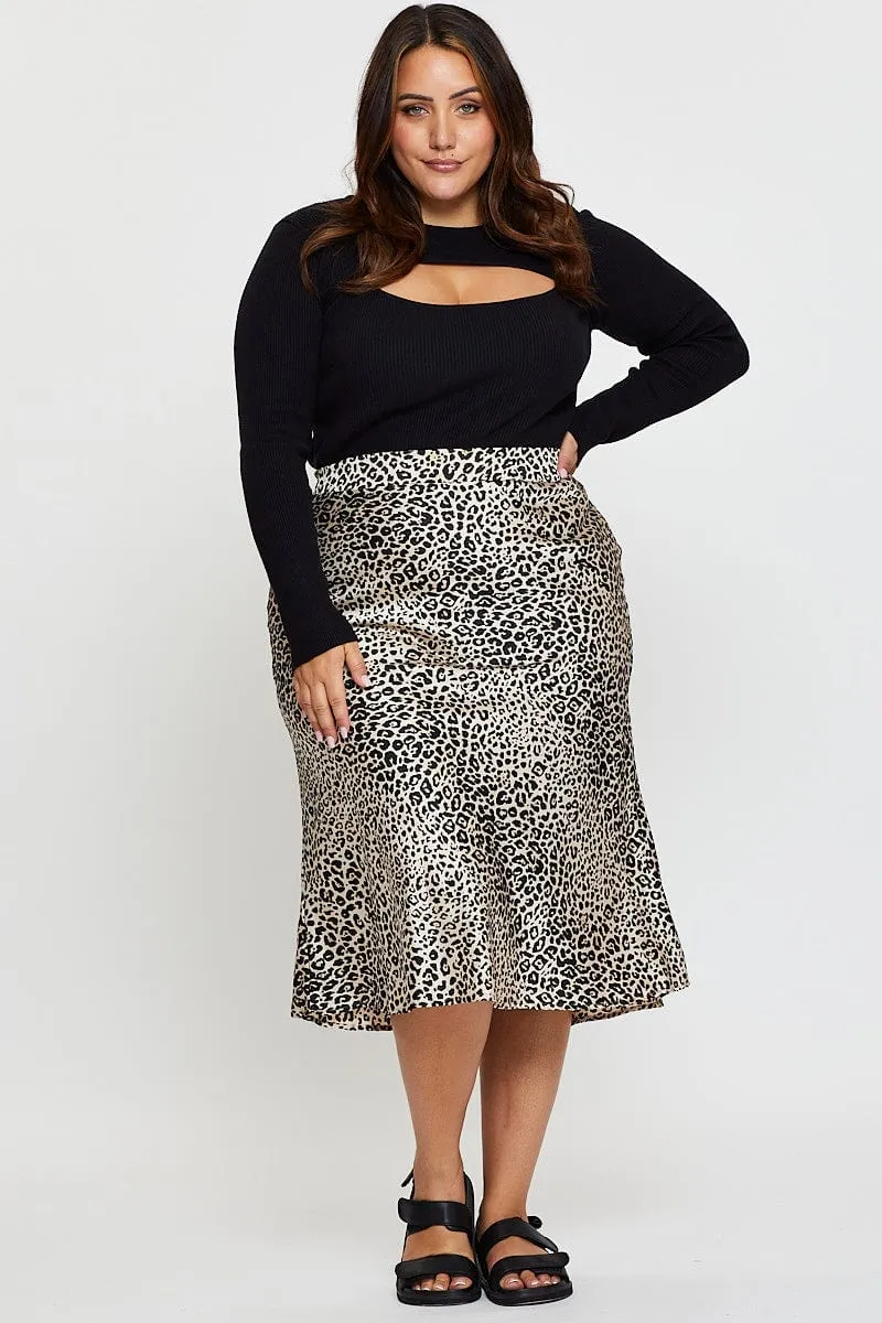 Animal Print Midi Satin Skirt Elastic Waist