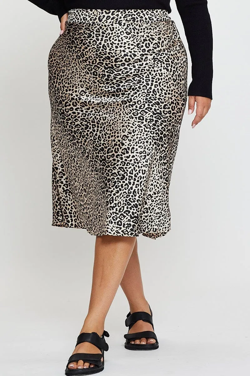 Animal Print Midi Satin Skirt Elastic Waist