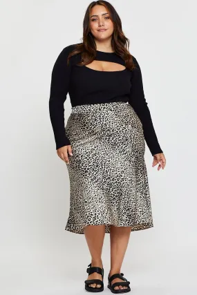 Animal Print Midi Satin Skirt Elastic Waist