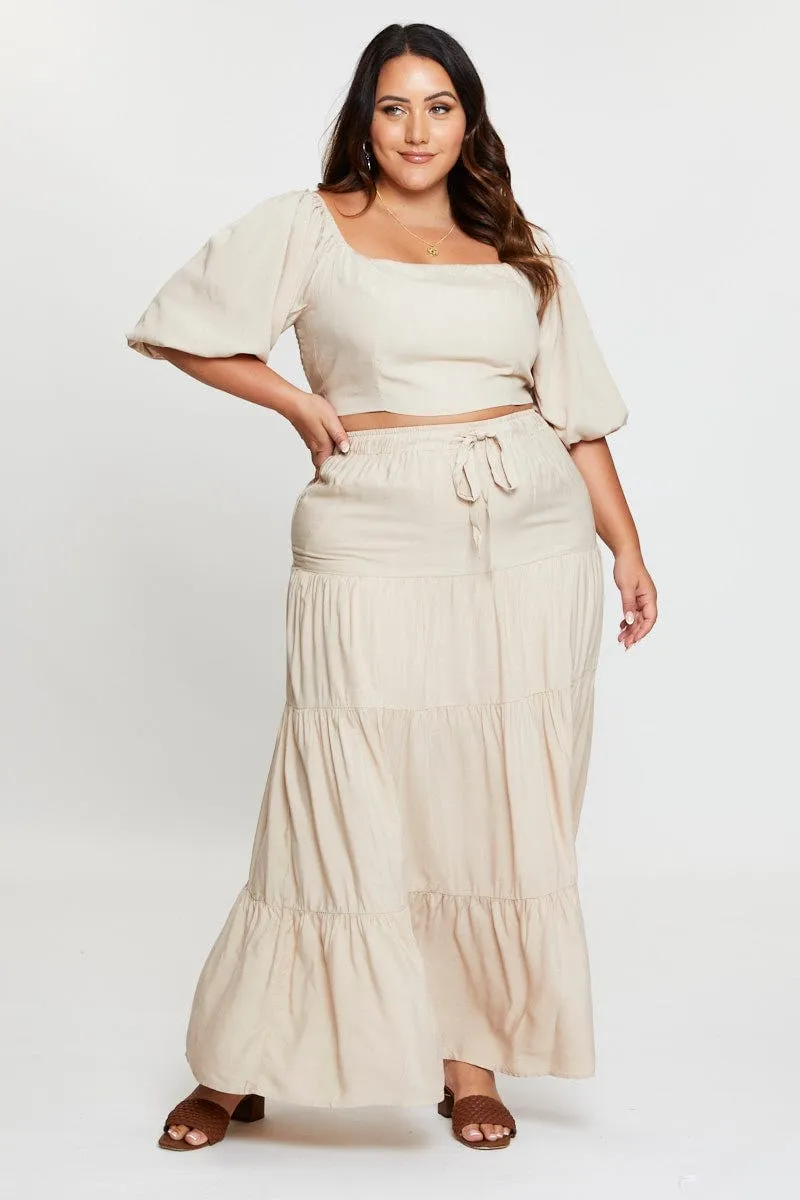 Beige High Waist Tiered Maxi Skirt