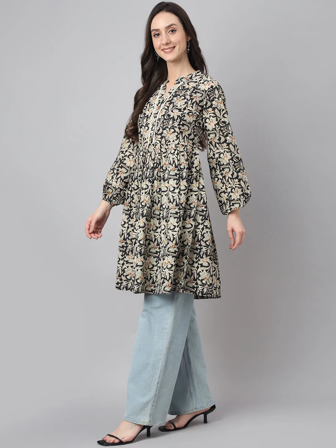 Black Cotton Floral Print Flared Tunic