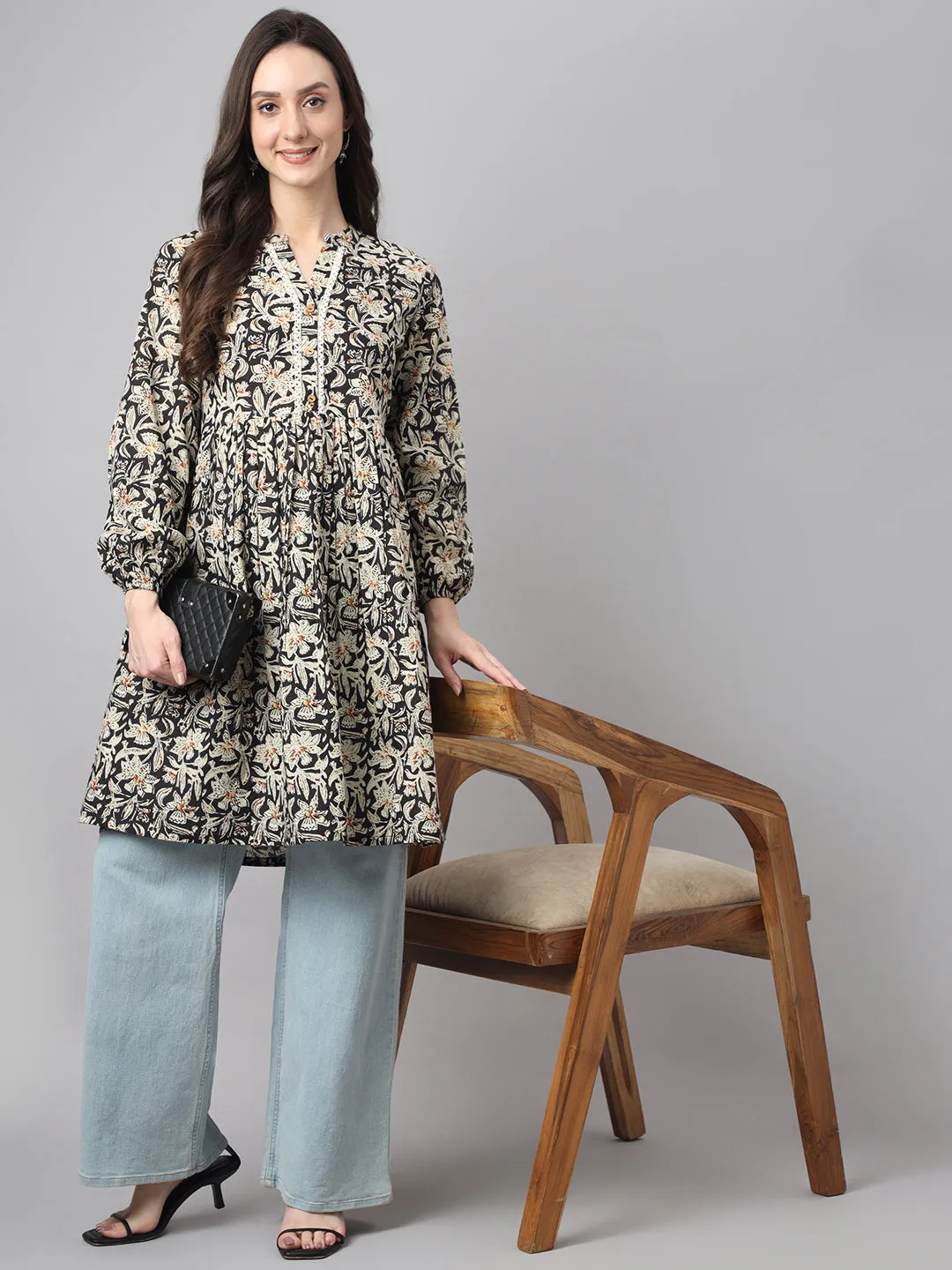 Black Cotton Floral Print Flared Tunic