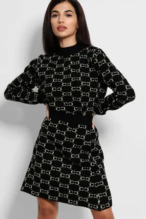 Black Lurex Chain Print Soft Knit Skirt And Pullover Set