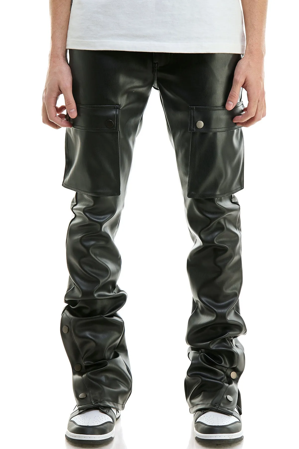 Black Skinny Stacked Pants Men's Flare Stacked Leather Jeans