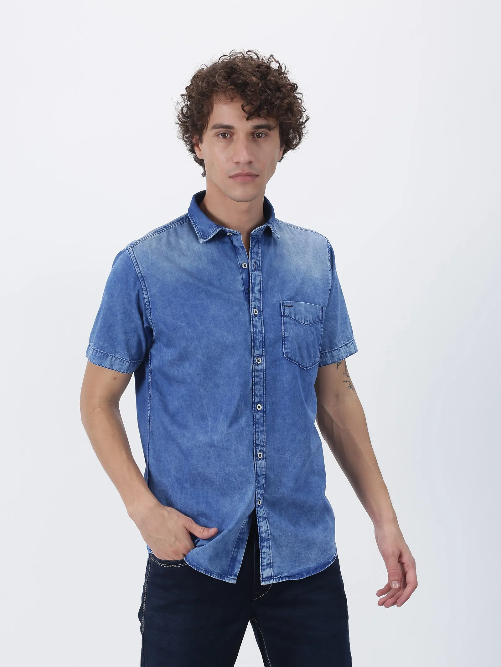 Blue Denim Solid Casual Shirt