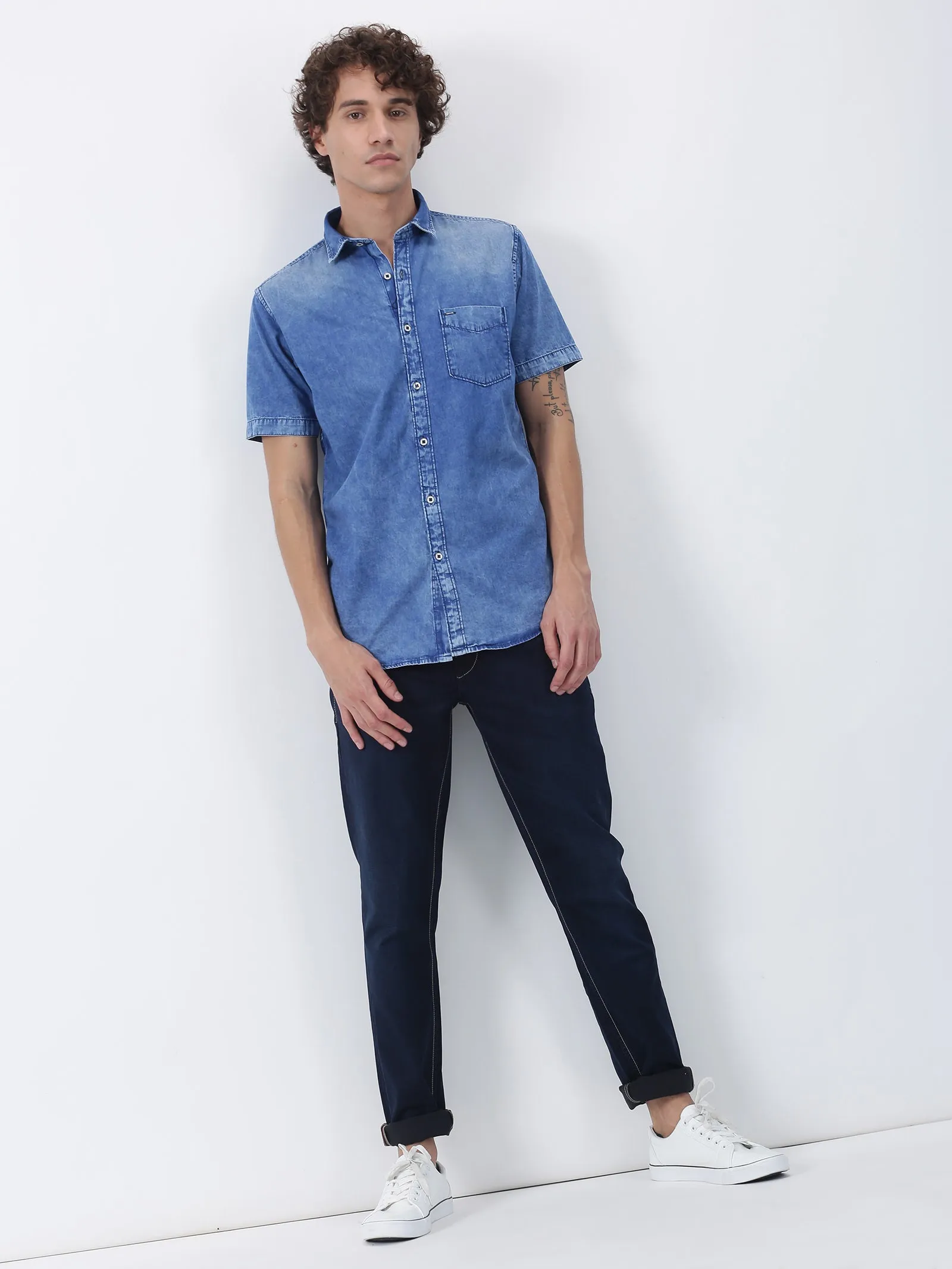 Blue Denim Solid Casual Shirt