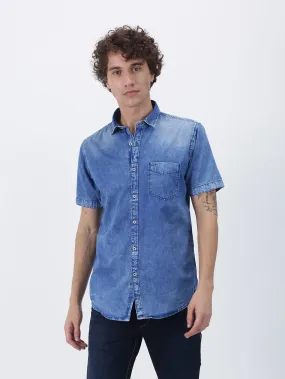 Blue Denim Solid Casual Shirt