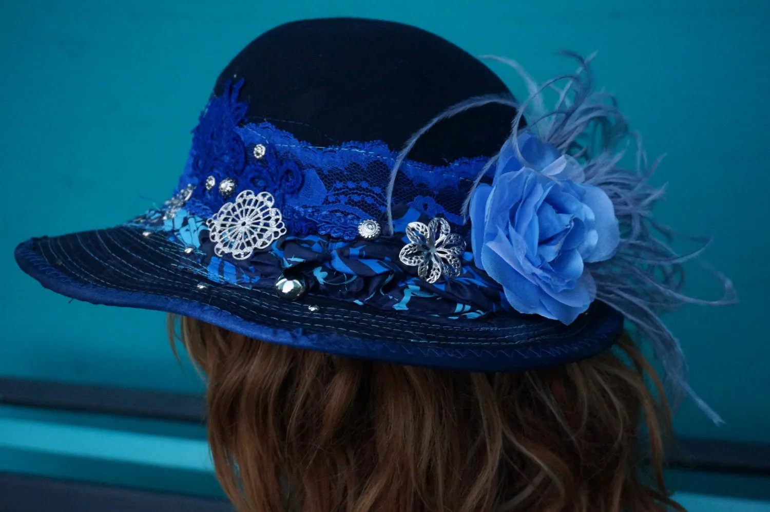 Blue Jay Hat- Blue Felt Hat Dapper Ladylike, Derby, Wedding, Steampunk Gothic Victorian Burning Man Festival Clothing Lolita Hat- Medium