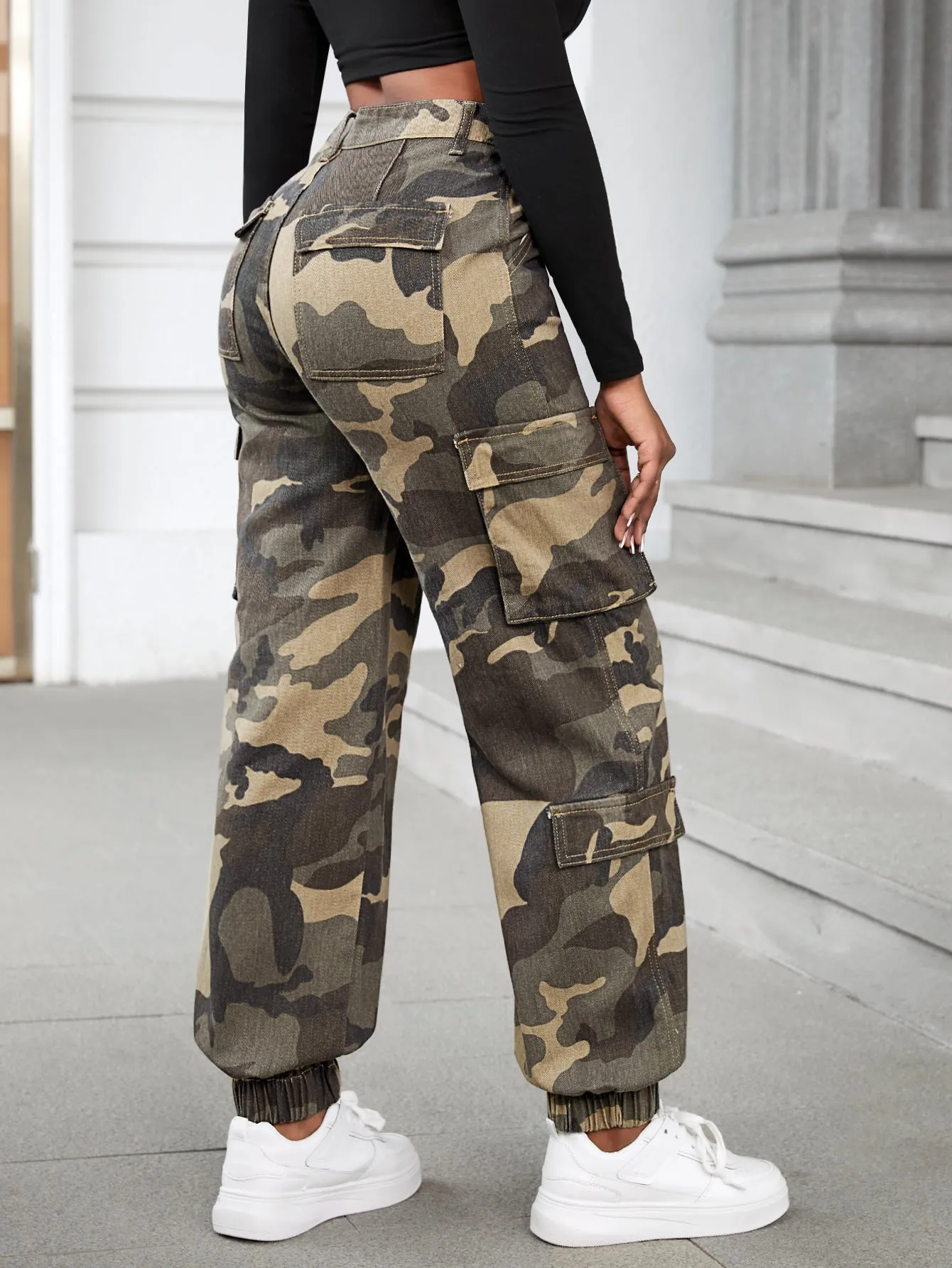 Camo Print Flap Pocket Cargo Jeans