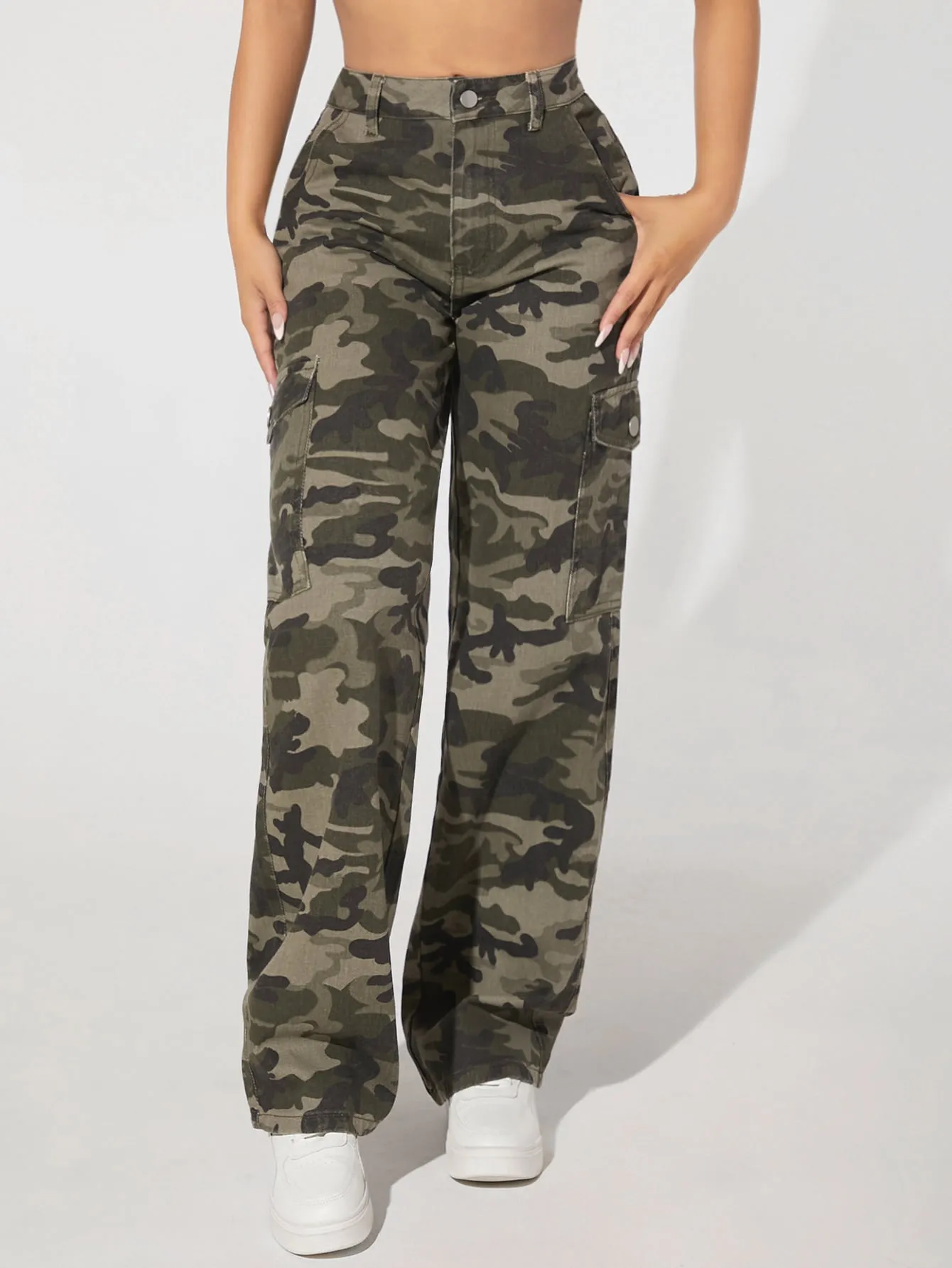 Camo Print Flap Pocket Cargo Jeans