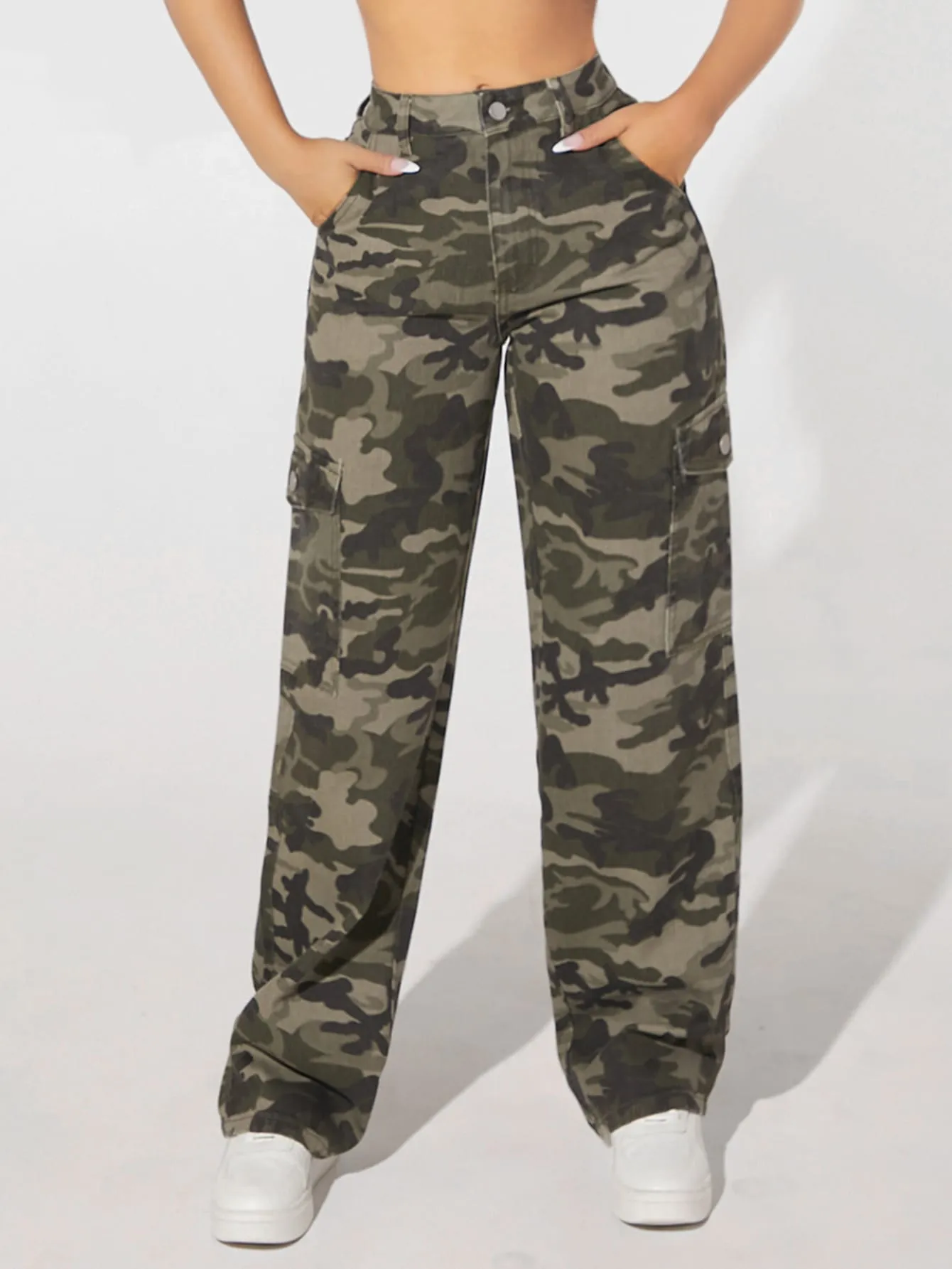 Camo Print Flap Pocket Cargo Jeans