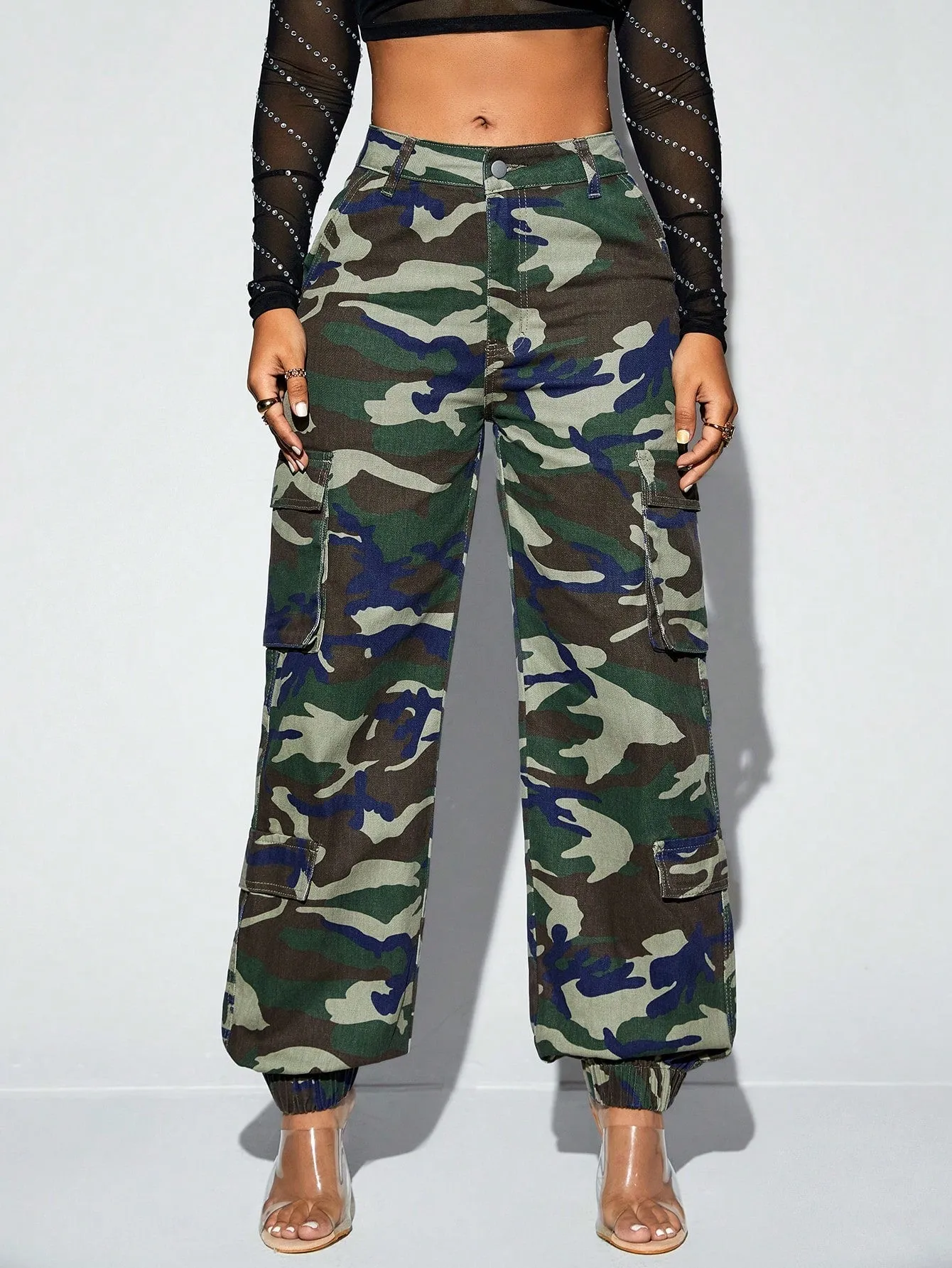 Camo Print Flap Pocket Cargo Jeans