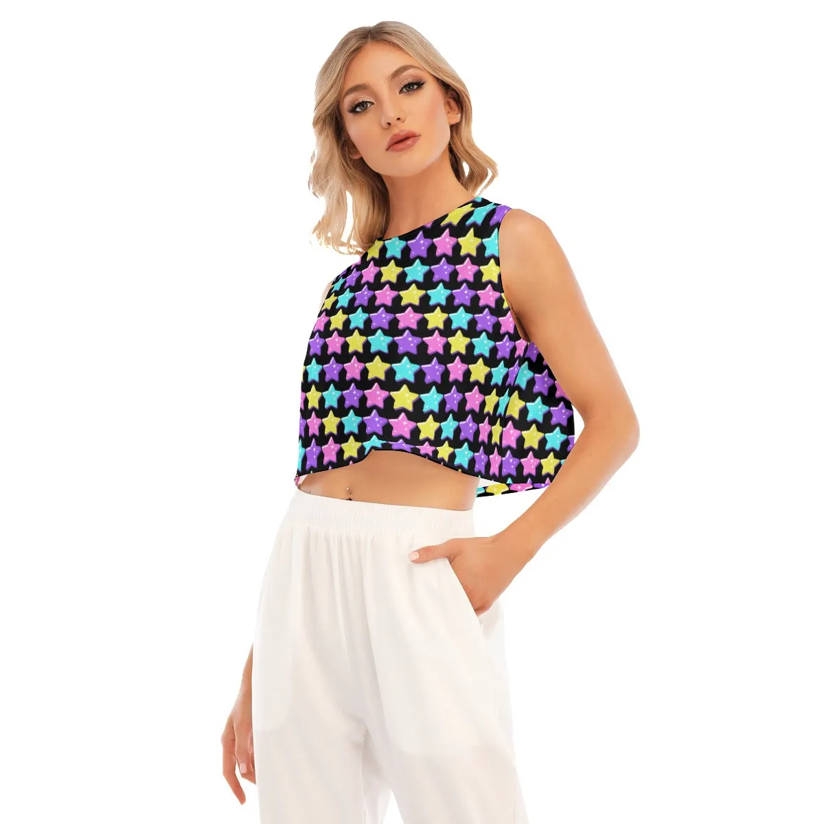 Electric Star Wave Black Sleeveless Relaxed Fit Crop Top