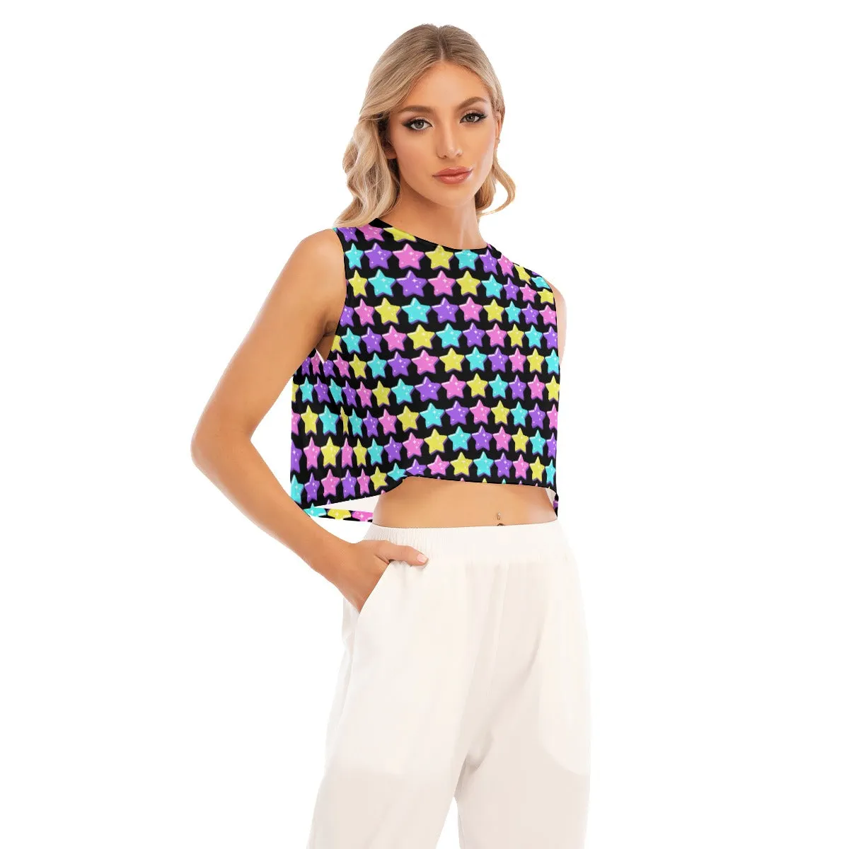 Electric Star Wave Black Sleeveless Relaxed Fit Crop Top