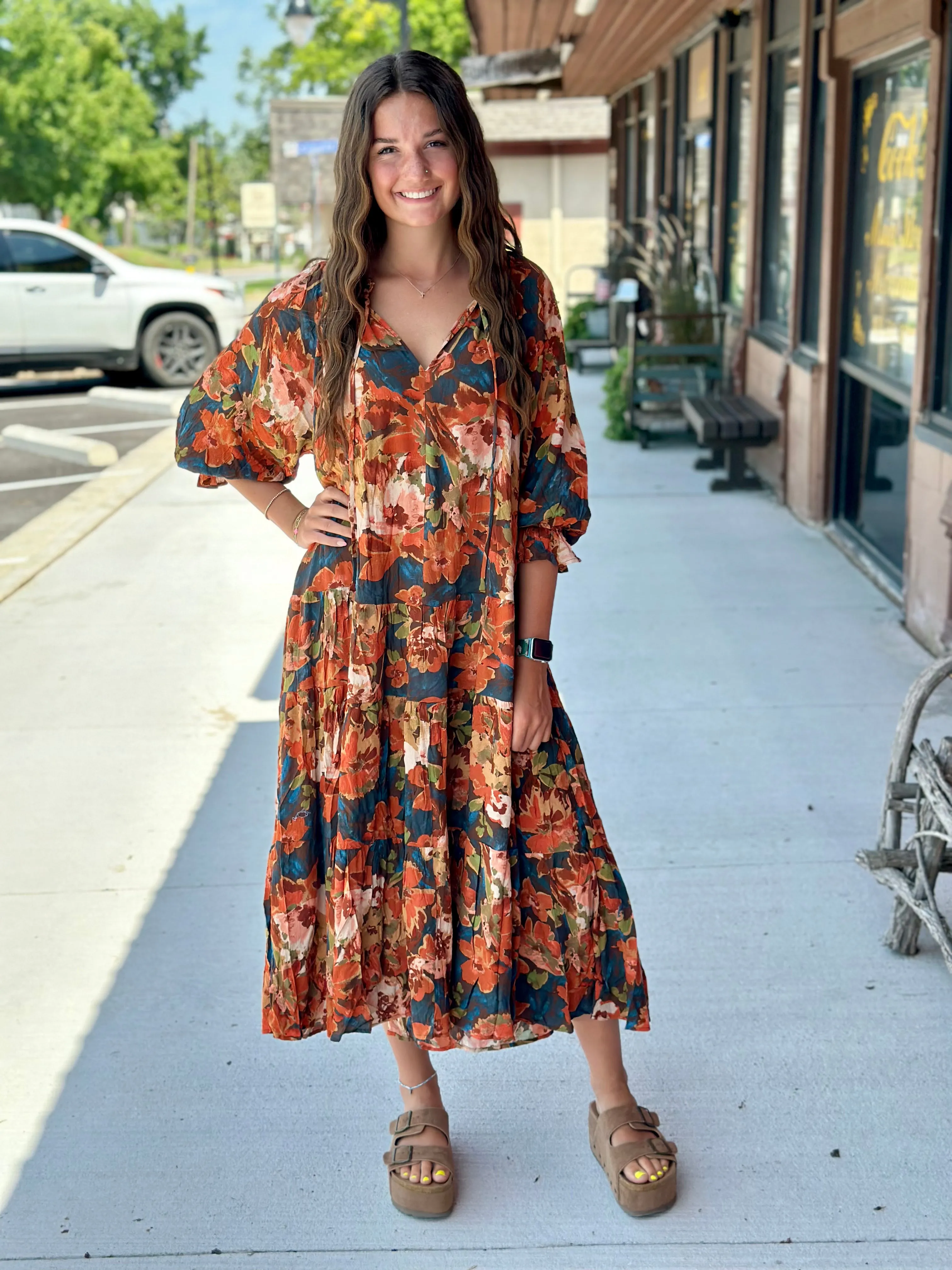 Chic Fall Floral Dress with Elegant Reactions and Vibrant Colors