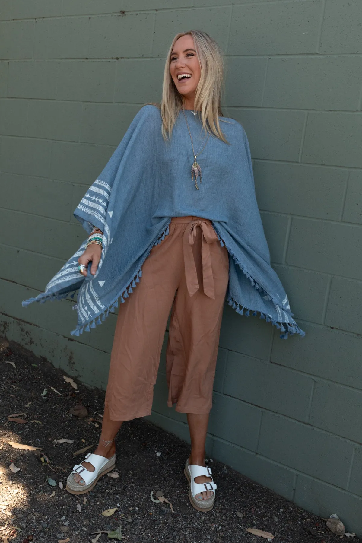 Fallon Embroidered Sleeve Tassel Poncho - Blue