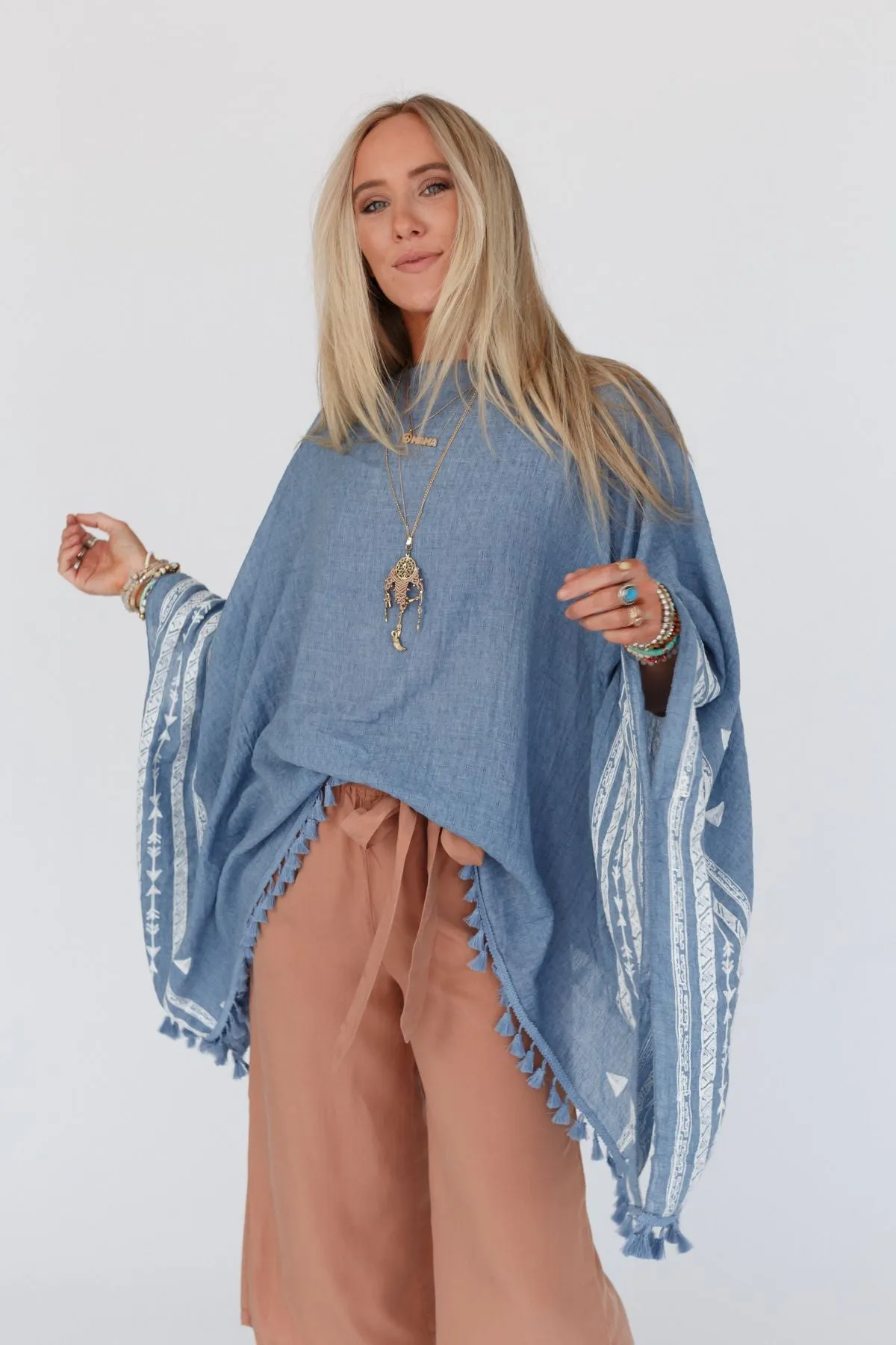 Fallon Embroidered Sleeve Tassel Poncho - Blue