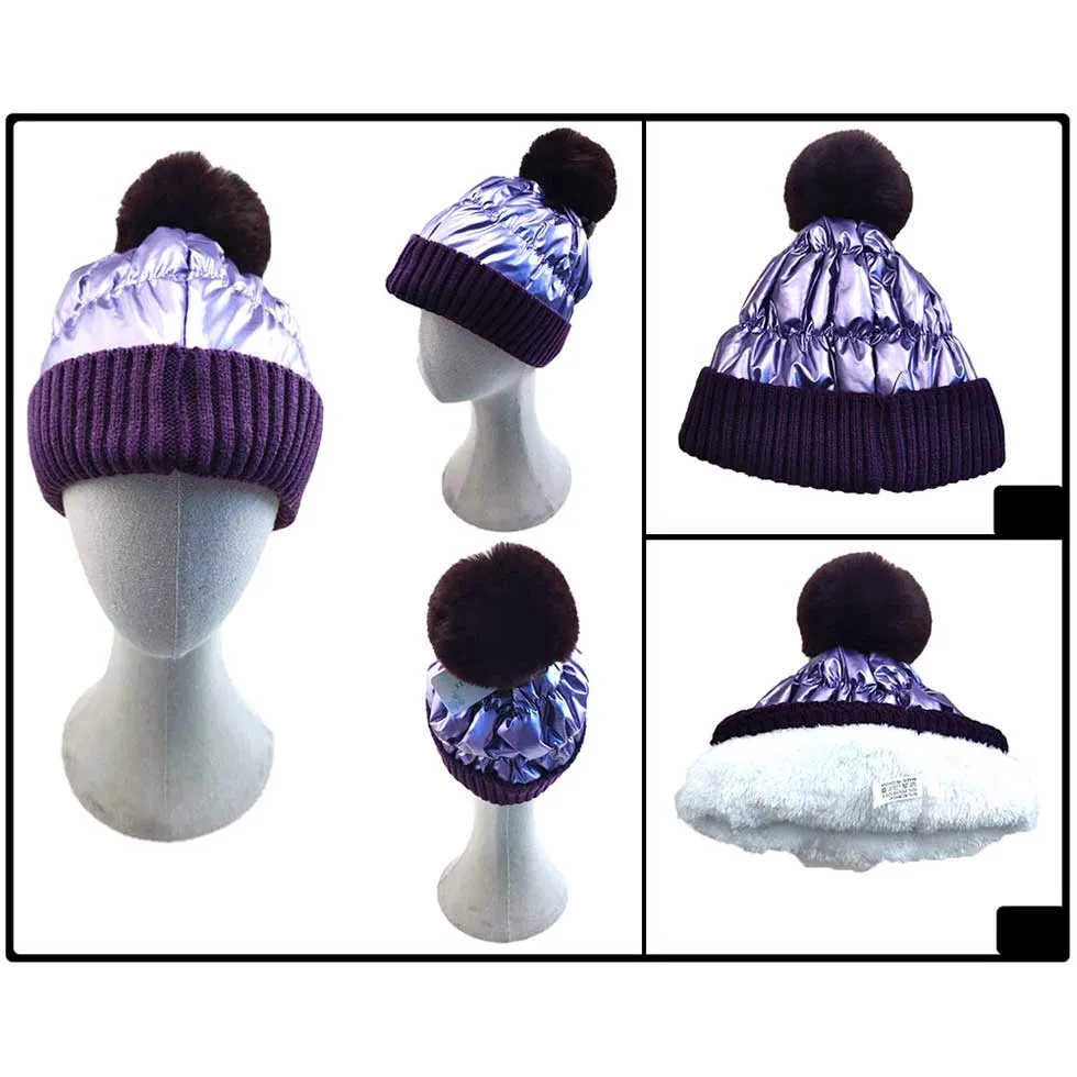 Fleece Lining Puffer Knit Pom Pom Beanie Hat