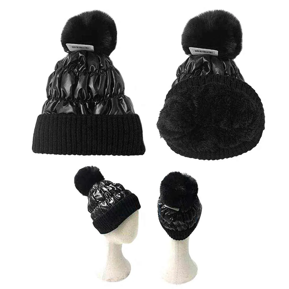 Fleece Lining Puffer Knit Pom Pom Beanie Hat