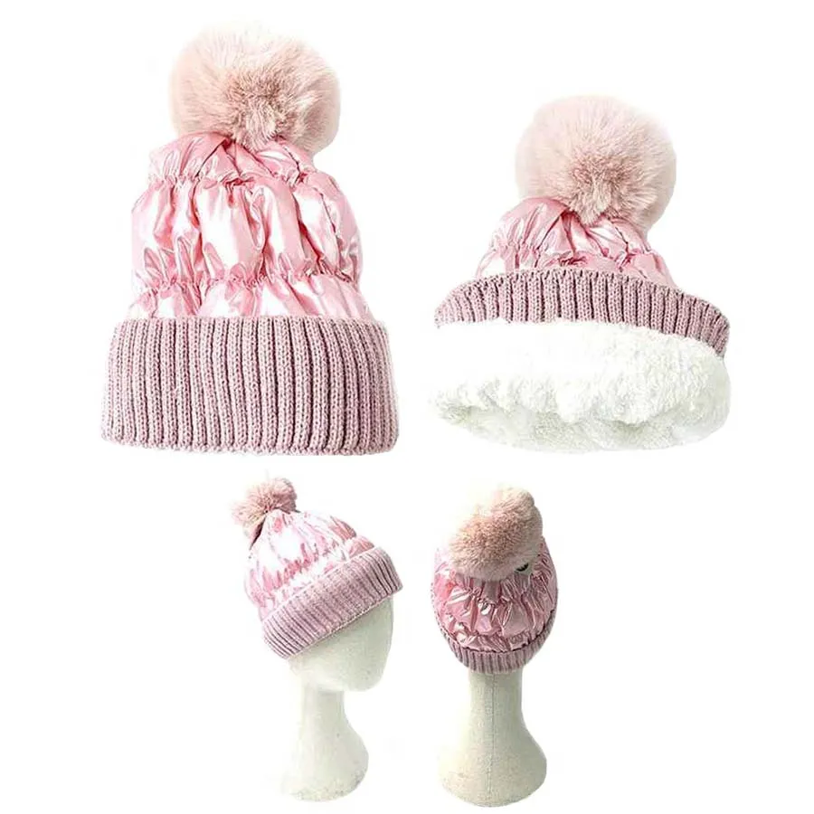 Fleece Lining Puffer Knit Pom Pom Beanie Hat