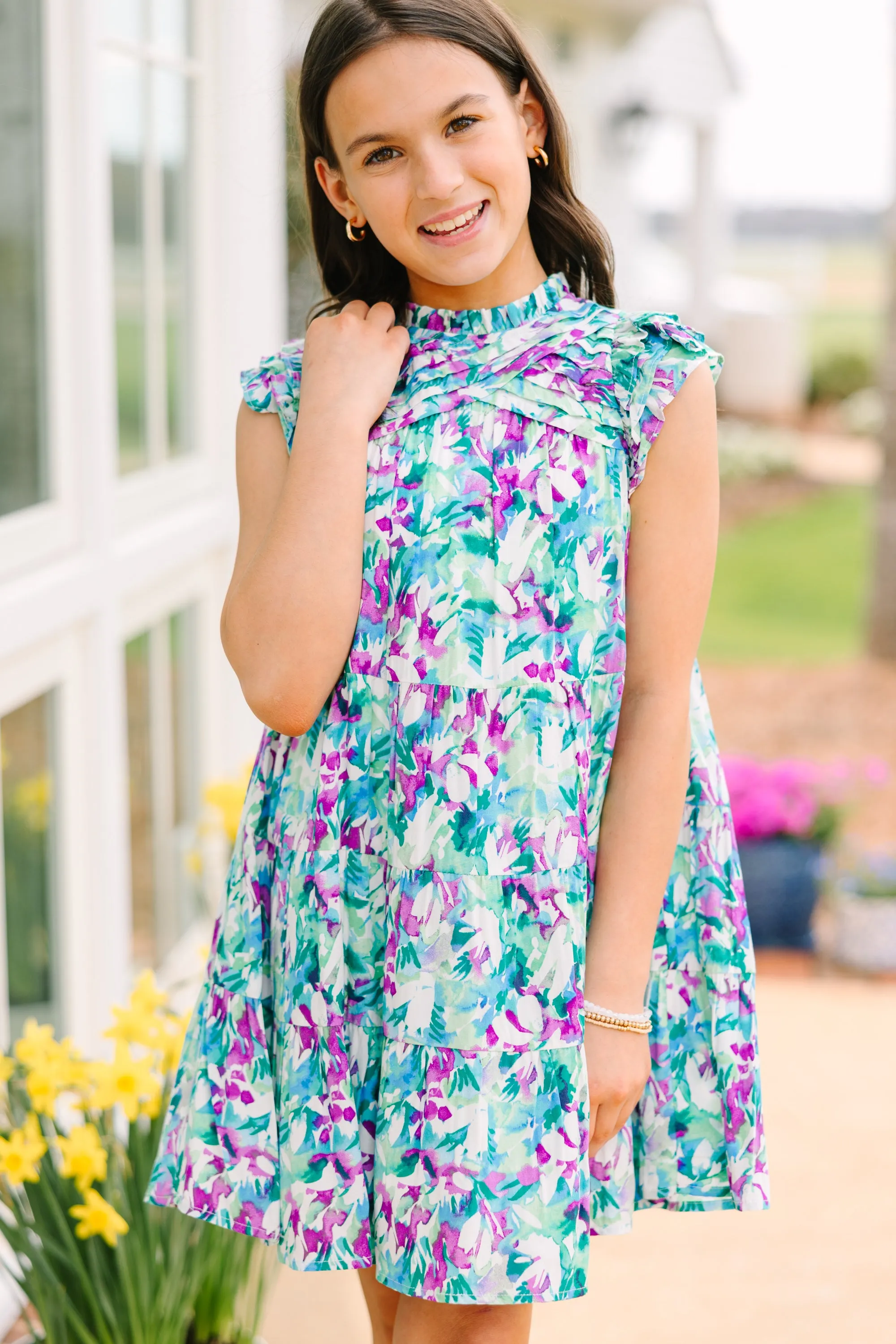 Girls: All About You Aqua Blue Floral Ruffled Dress