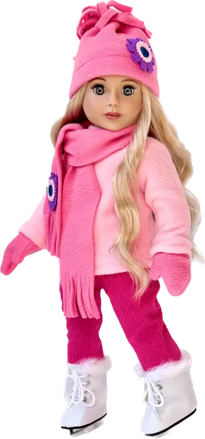 Ice Skating Fun - Clothes for 18 inch Doll - 6 Piece Gift Set - Pink Fleece Blouse with Stretchy Leggings, Hat, Scarf, Mittens and White Ice Skates