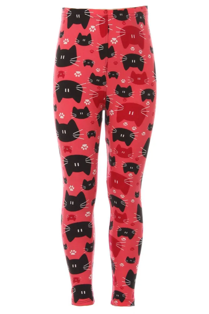 Kid's Black Red Cat Faces Pattern Printed Legging