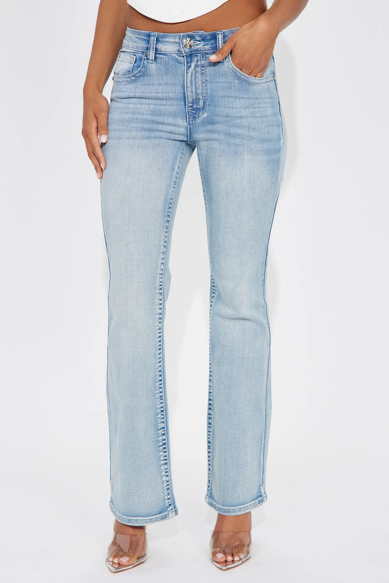 Look My Way Embellished Stretch Bootcut Jeans - Light Wash