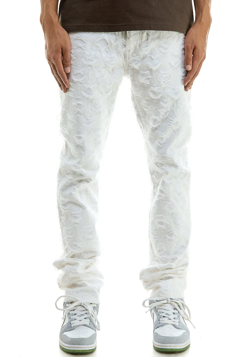 Mens White Stacked Jeans Stretch Twill Steetwear Pants