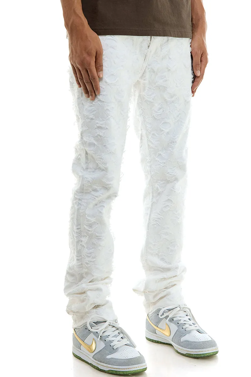 Mens White Stacked Jeans Stretch Twill Steetwear Pants