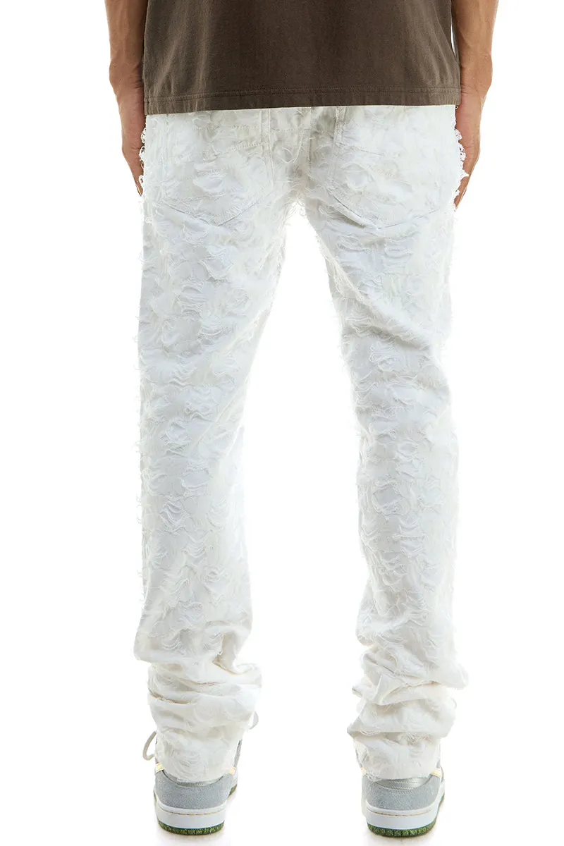 Mens White Stacked Jeans Stretch Twill Steetwear Pants