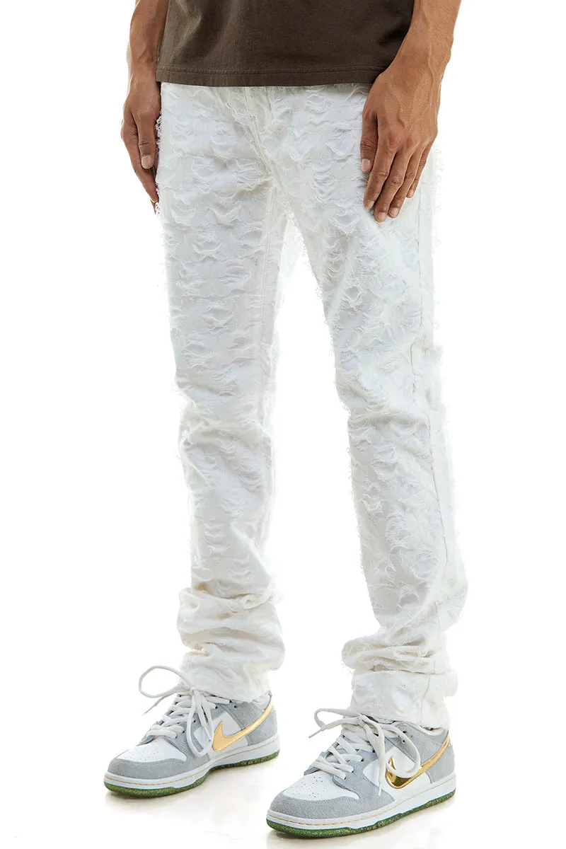 Mens White Stacked Jeans Stretch Twill Steetwear Pants