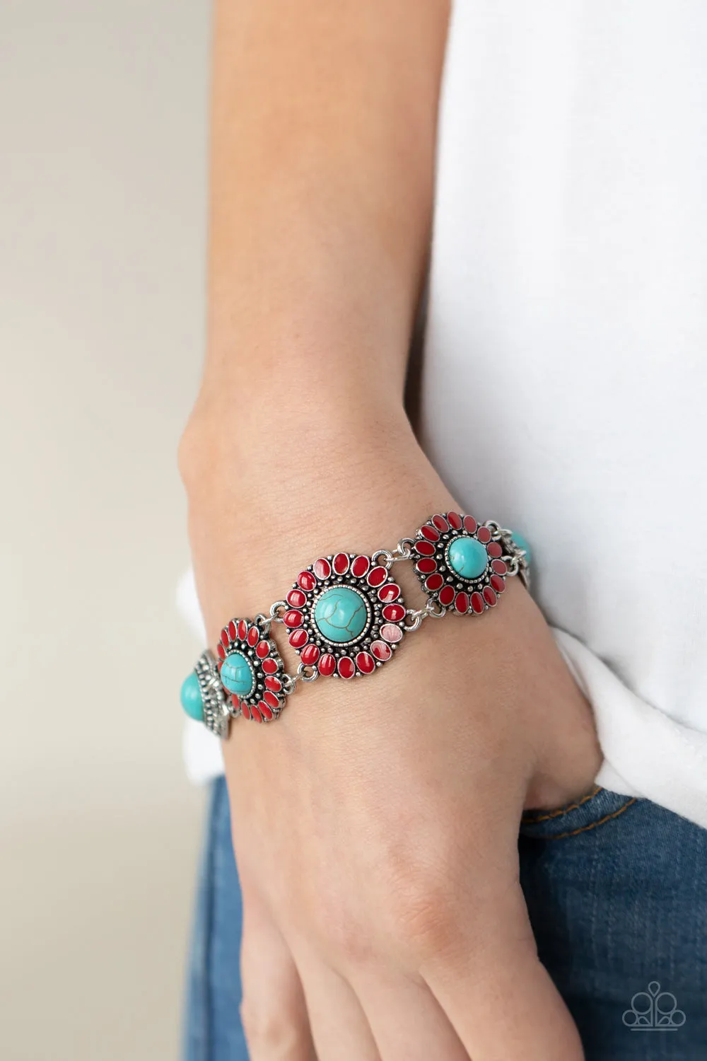 Paparazzi Bodaciously Badlands Red and Turquoise Blue Floral Bracelet