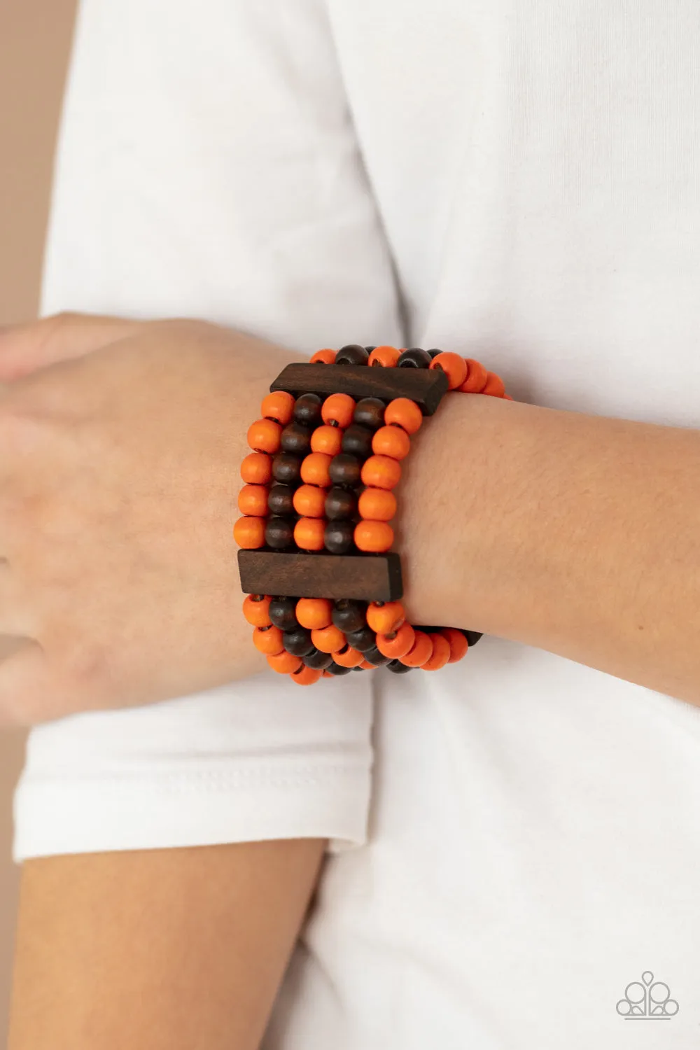 Paparazzi Caribbean Catwalk - Orange and Brown Wooden Stretchy Bracelet