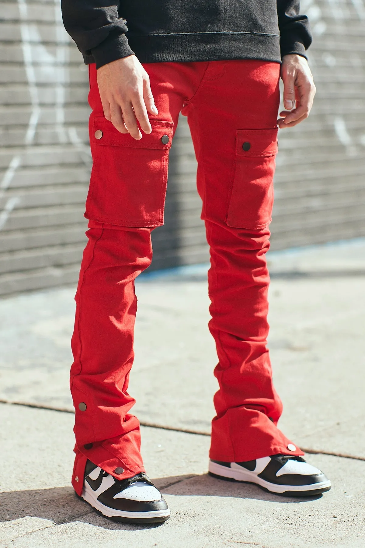 Red Skinny Pants Men Stacked Jeans in Stretch Twill