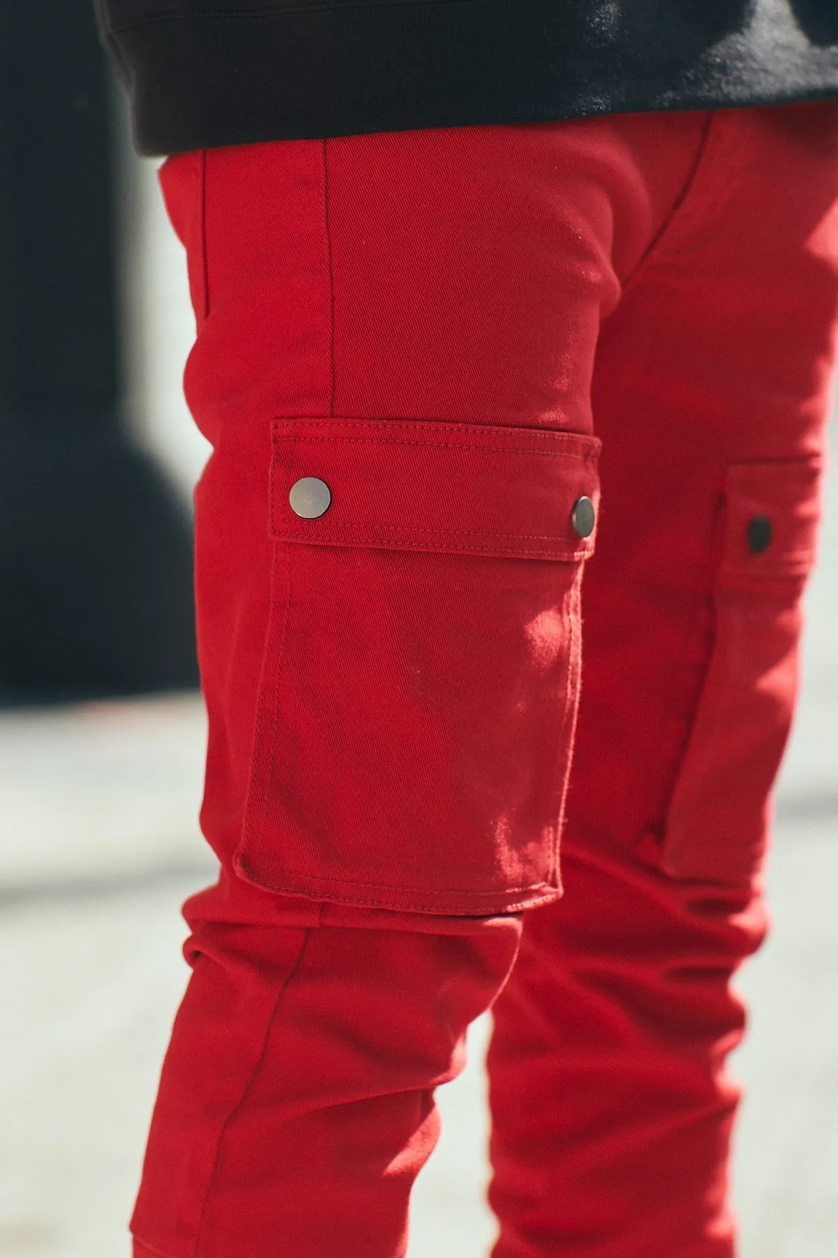 Red Skinny Pants Men Stacked Jeans in Stretch Twill