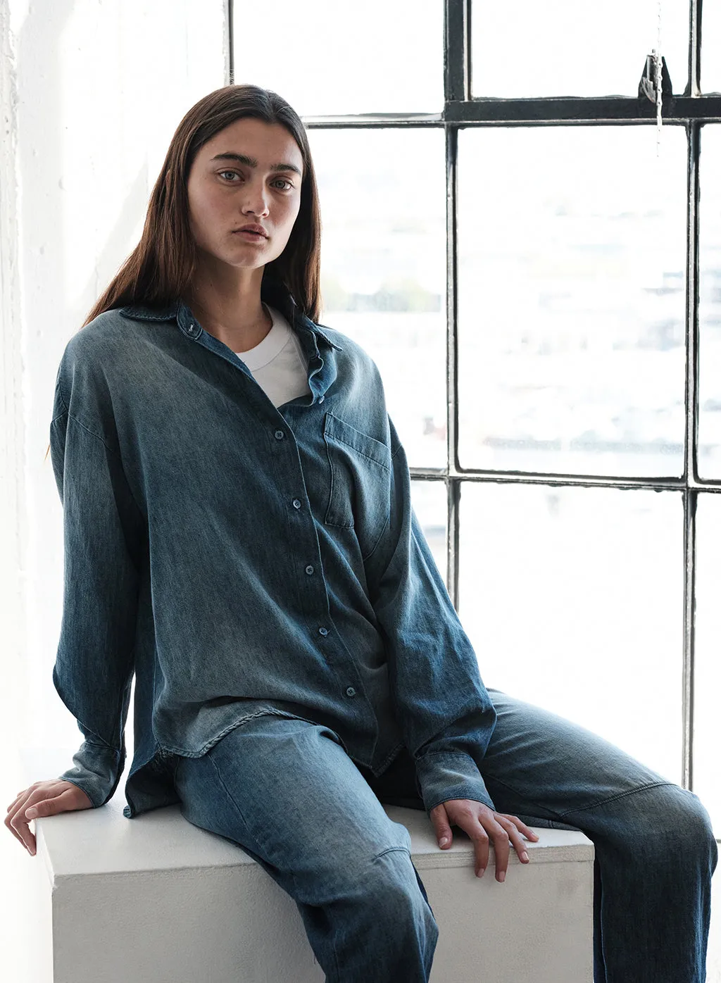 Stonewashed Chambray Oversized Shirt in Medium Wash