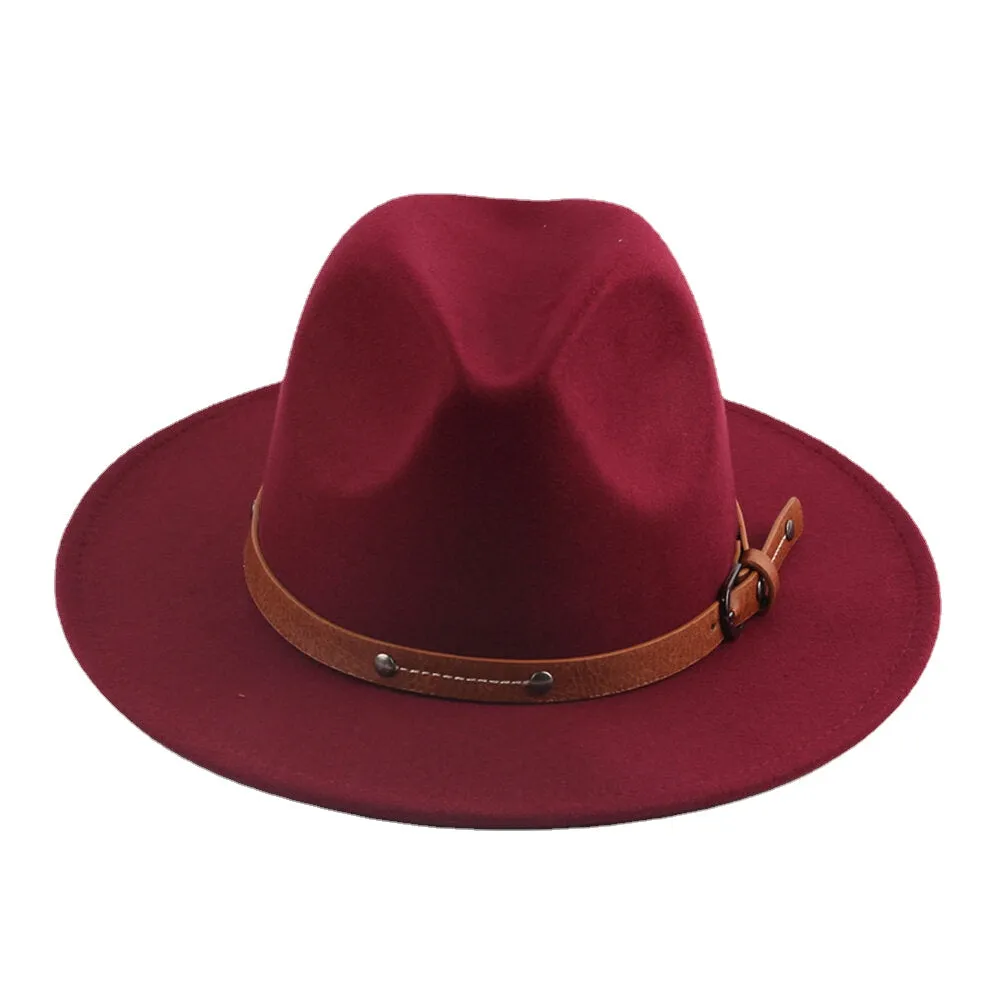 Unisex British Style Leather Belt Buckle Flat Brim Top Hat Fashion Outdoor Wide Brim Felt Hat