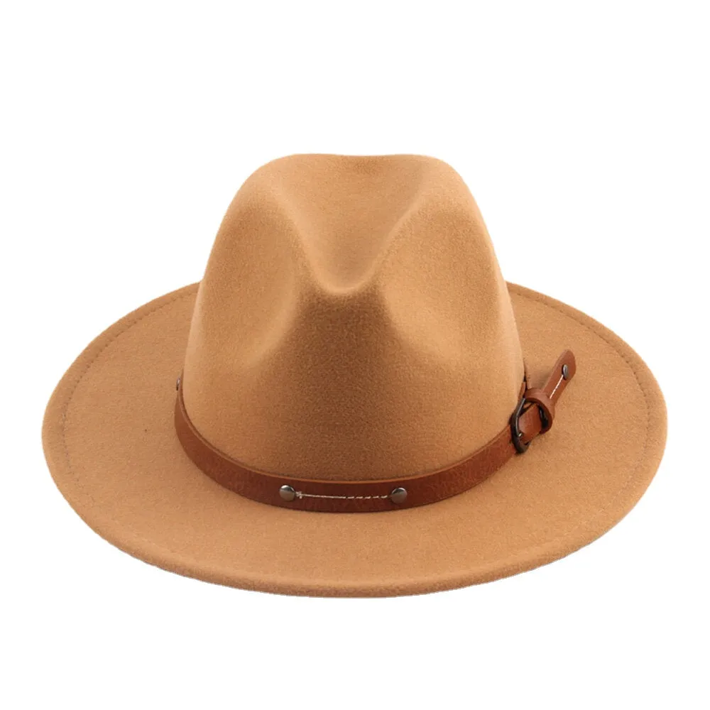 Unisex British Style Leather Belt Buckle Flat Brim Top Hat Fashion Outdoor Wide Brim Felt Hat