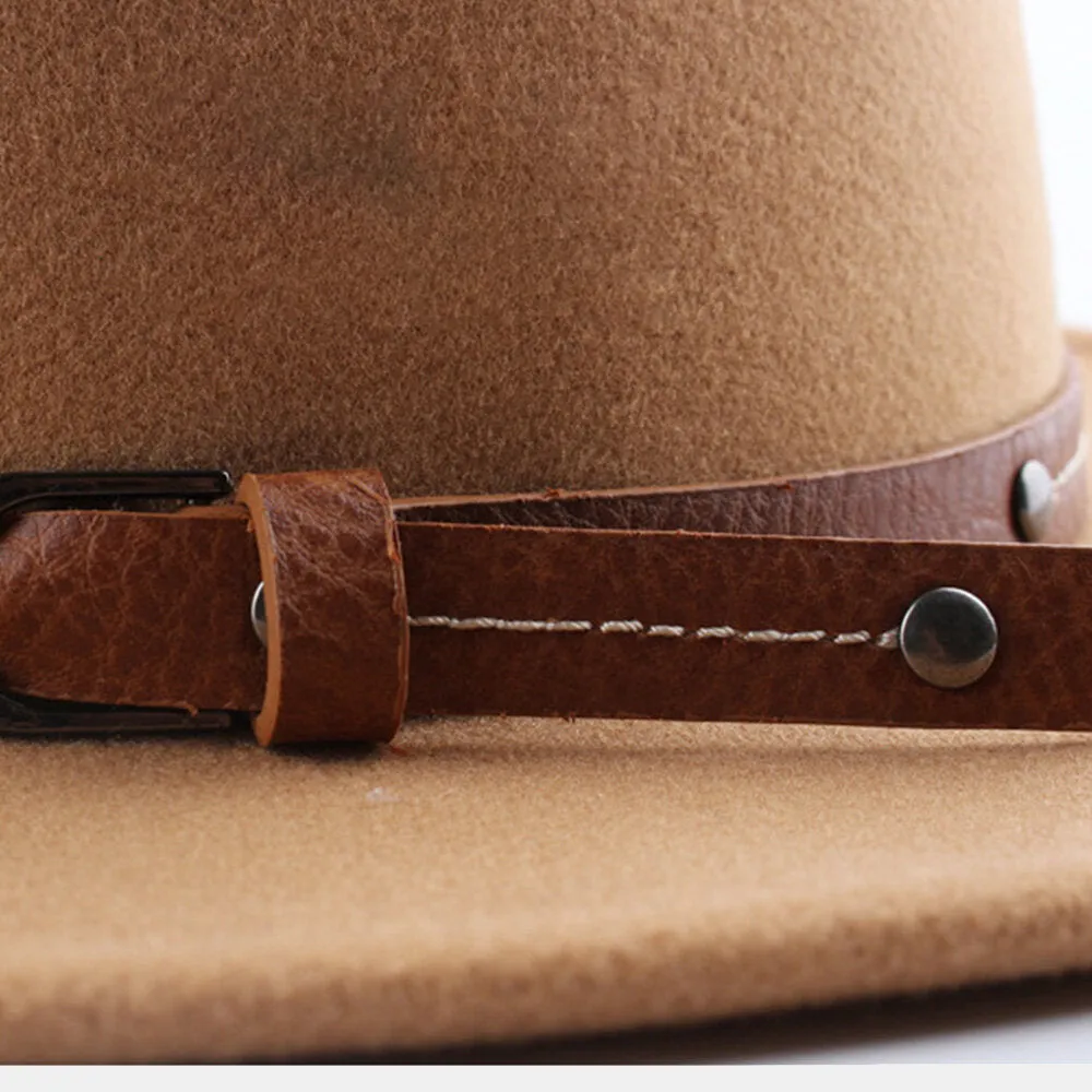 Unisex British Style Leather Belt Buckle Flat Brim Top Hat Fashion Outdoor Wide Brim Felt Hat